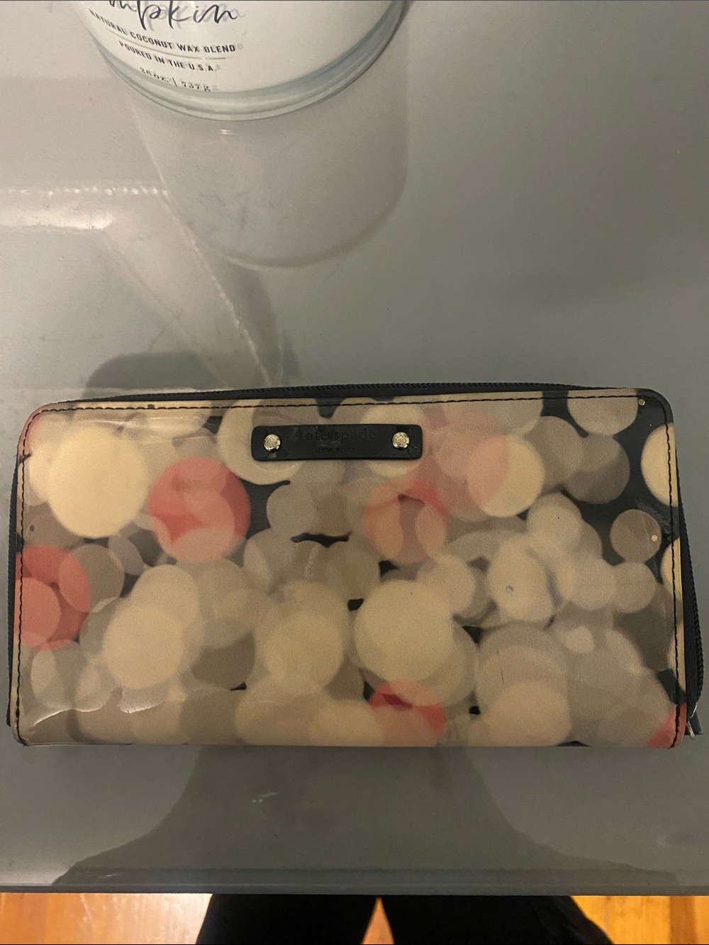 kate spade Black Zip Wallet with Cream and Pink Bokeh Dots